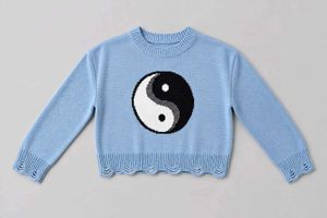 BABY BLUE YIN YANG DISTRESSED CROPPED SWEATER