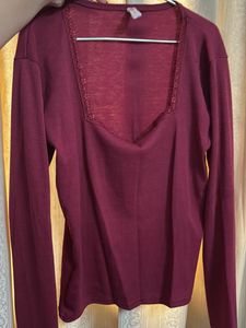 Maroon Ribbed Square-Neck Long Sleeve Top