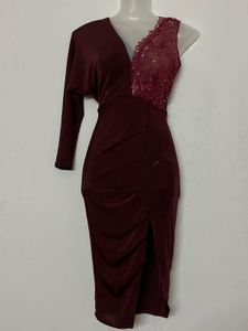 Maroon One-Sleeve Embellished Dress
