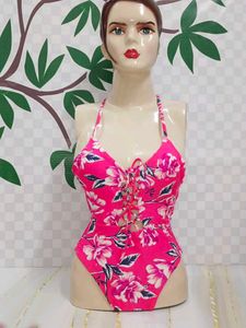 (931)Floral Lace-Up One-Piece Swimsuit