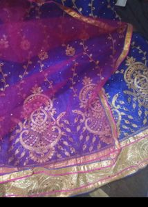 Embroidered Blue &amp; Red Lehenga Choli Set