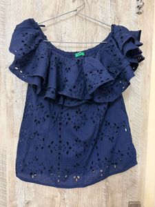 Navy Blue Off-Shoulder Eyelet Top