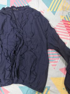 Chic Navy Blue Ruffled Long Sleeve Top