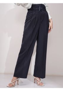 Navy Blue Pinstripe Pleated Trousers