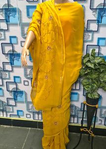 Saree yellow embroidery work latest design