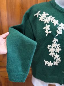 Green Embroidered Button-Up Cardigan