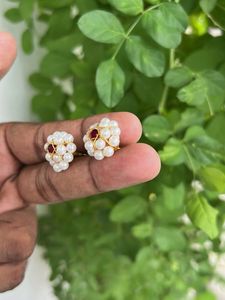 Pearl &amp; Ruby Flower Stud Earrings