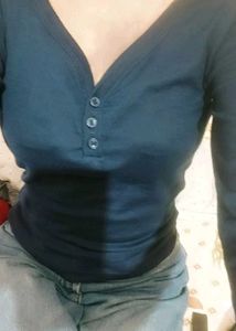 Navy Blue Ribbed Henley Top