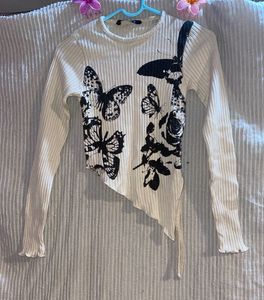 Ribbed Butterfly Print Asymmetrical Top