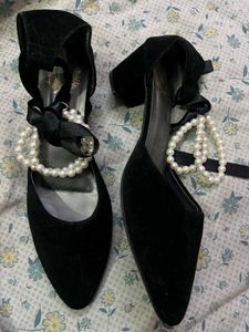 black pearl block heels