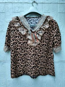New with tag Korean Leopard Print Ruffle Trim Top