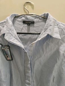 Madame Blue Striped Cold Shoulder Shirt Dress