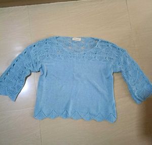 Chic Light Blue Crochet Detail Top