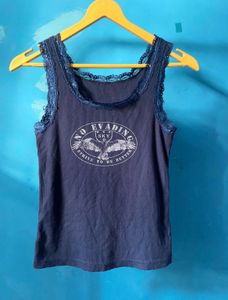 Navy Blue Lace Trim Tank Top