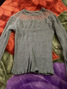 Gray Ribbed Knit Top with Pearl Detail
