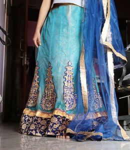 Turquoise blue Net Lehenga, Blouse, Dupatta Set
