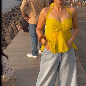 Yellow Halter Neck Ruched Top