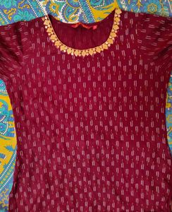 Burgundy Textured Straight Kurta With Palazzos