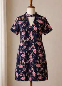 Navy Floral Print A-Line Dress with Choker Neck