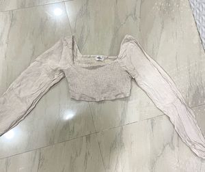 Beige Crop Top with Long Sleeves