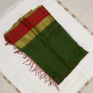 Elegant Green Saree with Red &amp; Gold Border