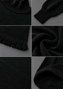 BLACK HIGH NECK LONG SLEEVE FRINGE HEM MIDI DRESS