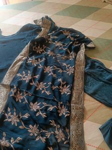 Elegant Teal Kurta Set with Golden Floral Print