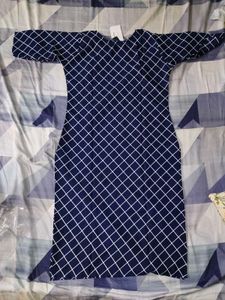 Navy Blue &amp; White Grid Print Straight Kurti