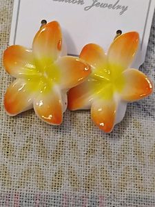 Orange &amp; Yellow Plumeria Flower Earrings