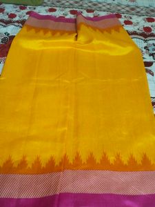 Yellow,Pink Border Crepe Saree ,