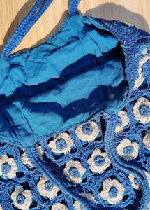 Crocheted Blue Floral Tote Bag