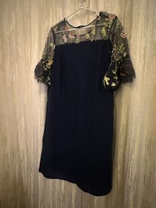 Elegant Black Dress with Floral Mesh Sleeves