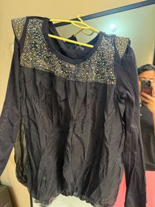 Sparkling Black Long Sleeve Blouson PArtyTop