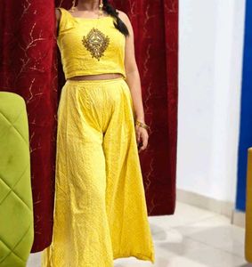 Yellow Embroidered Crop Top Palazzo Set