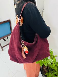 Stylish Maroon Suede Hobo Bag