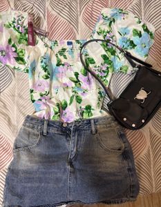 Floral Top & Denim Skirt Outfit 🍁