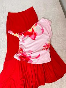 Chic Floral One-Shoulder Red Dress