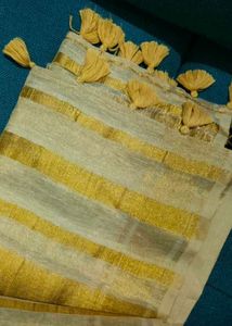 Elegant Linen Golden Saree with Tassels