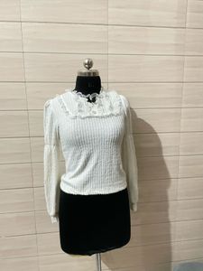 korean Pintresty Cream Textured Puff Sleeve Top