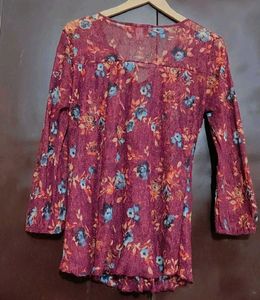 Purple Floral Print Lace Neck Top 32 Bust