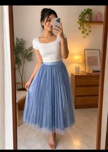 Blue Pleated Tulle Midi Skirt