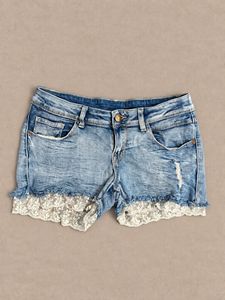 Distressed Denim Shorts with Lace Trim