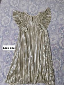 Metallic Pleated Dress with Ruffle Sleeves