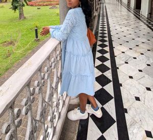 Light Blue Embroidered Tiered Dress