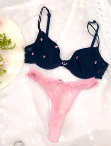 Cute Black Bra with Pink embroidery &amp;thong set