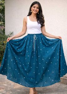 Teal Embroidered Cotton Skirt