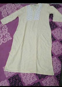 Max Yellow Striped Kurta with Lace Neckline
