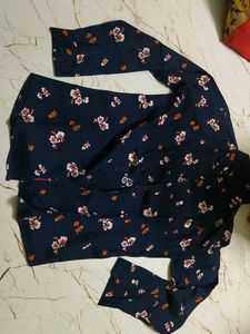 Navy Blue Floral Print Full Sleeve Top