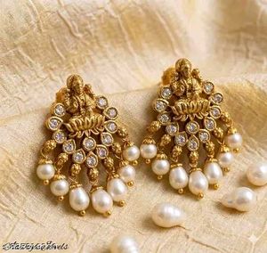 Stunning Gold Tone Earrings with Pearls &amp; Red Ston