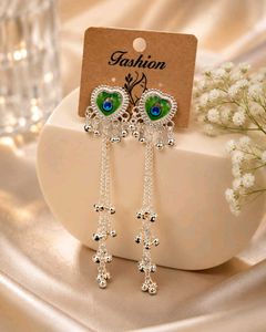 Heart Peacock Feather Dangle Earrings
